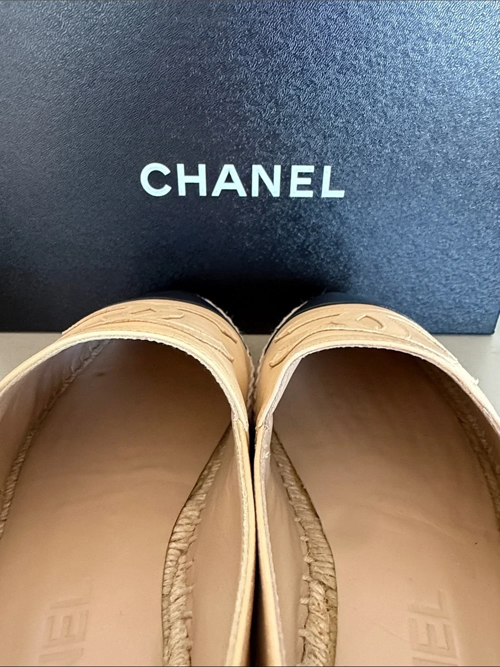 CHANEL Beige and Black Leather Espadrille Flats with CC Logo